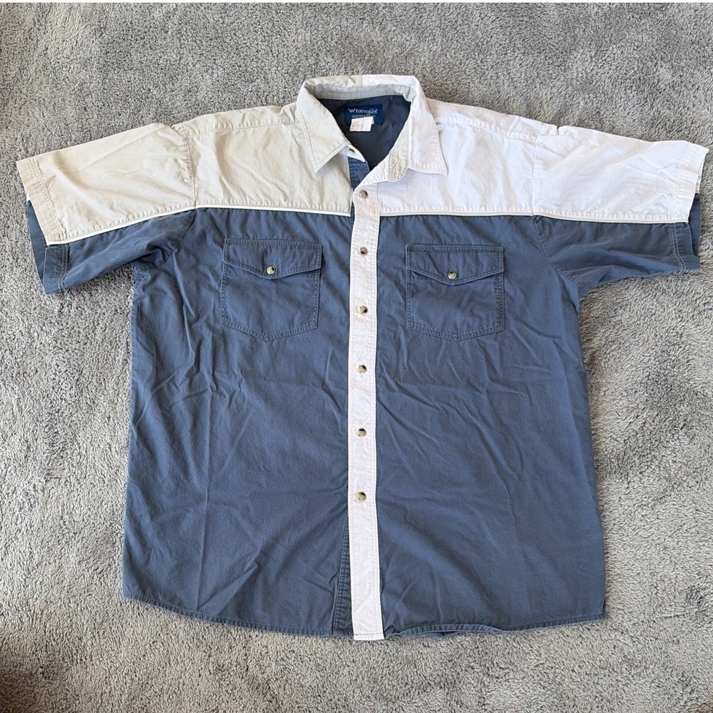 Vintage Wrangler Western Shirt Large Blue White Pearl Snap Heavyweight Rodeo